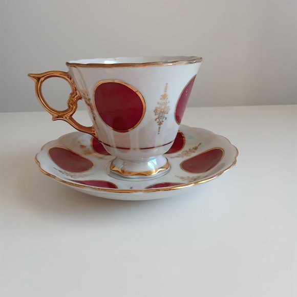 Lusterware Iridescent Pearl Glaze Footed Teacup & Saucer With Large Polka Dots - Picture 7 of 8